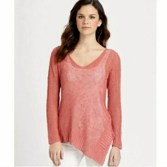 Eileen Fisher Airy Linen Grain Rib V Neck Sweater Size L Coral Tunic Top - Picture 13 of 13